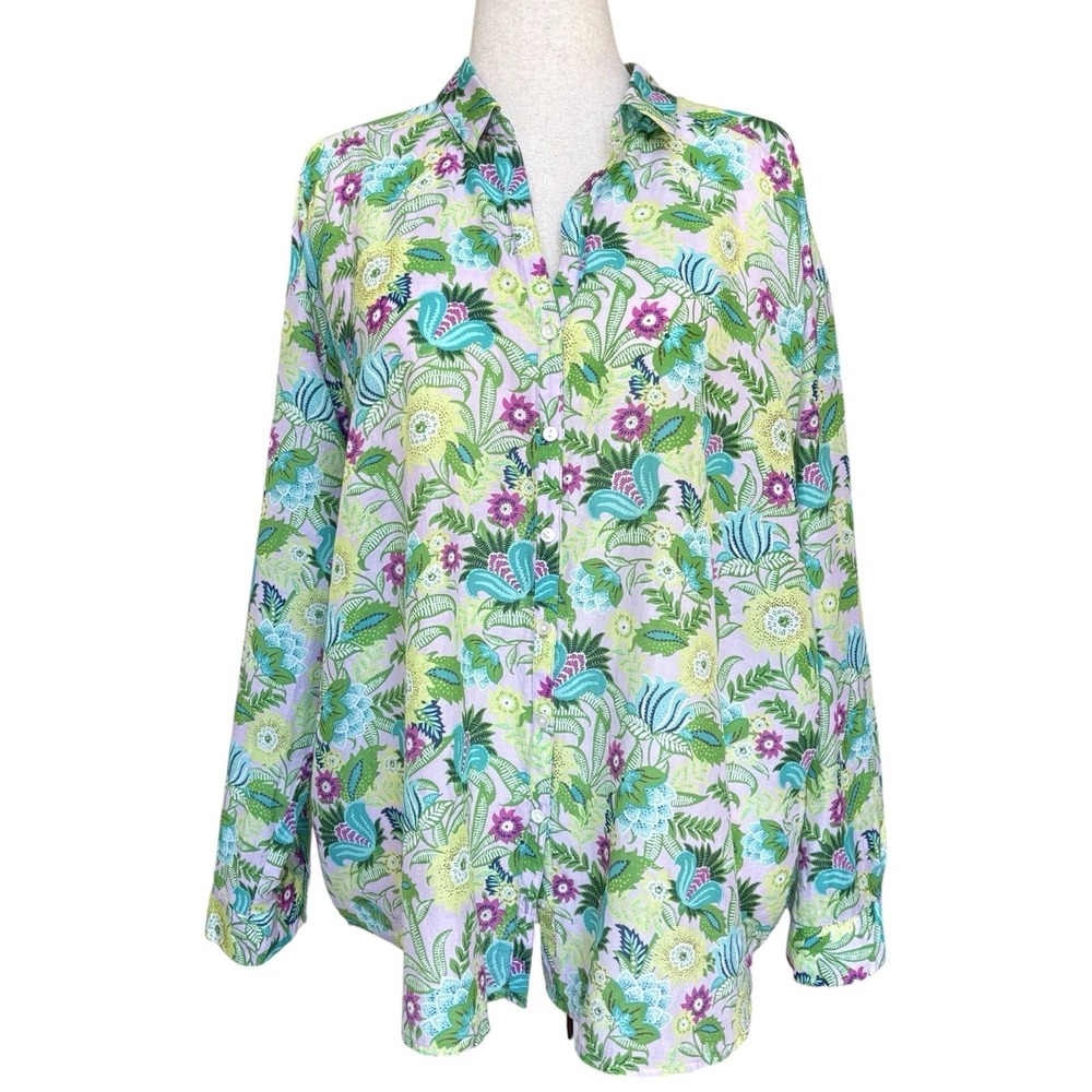 J Jill Sz XL Shirt Green Floral Silk Cotton Blend Button‎ Up Lightweight